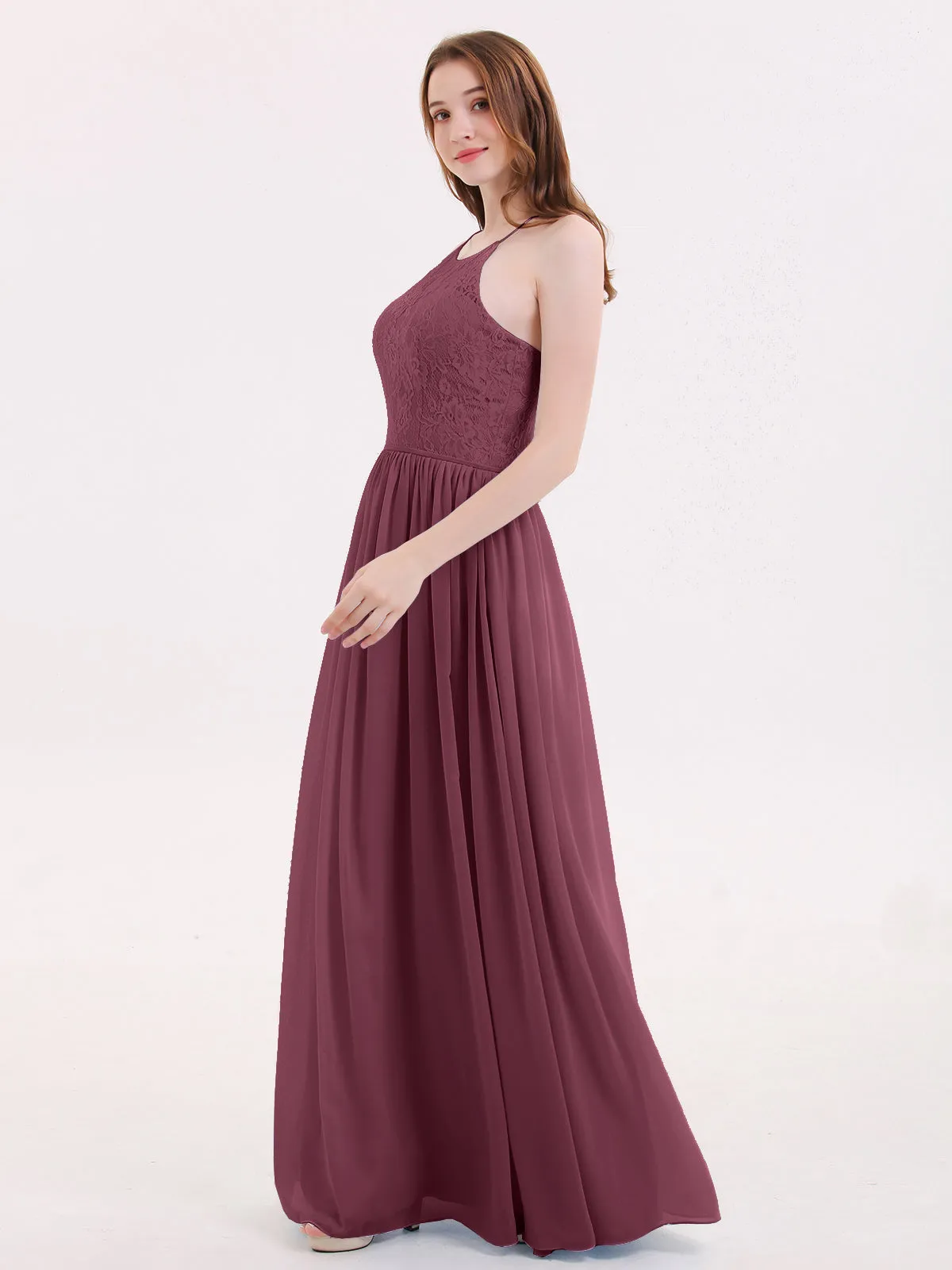 Illusion Neck Lace and Chiffon Maxi Gowns-Mulberry