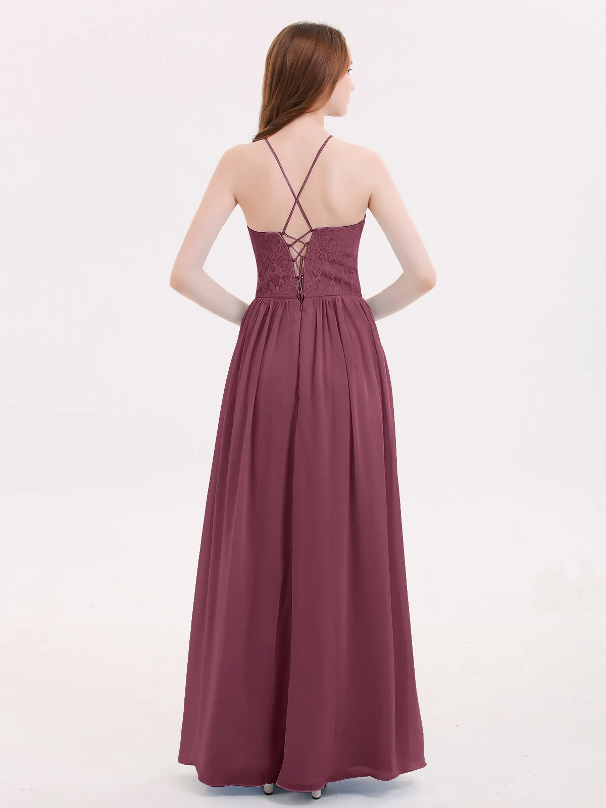 Illusion Neck Lace and Chiffon Maxi Gowns-Mulberry
