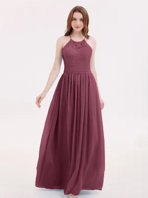 Illusion Neck Lace and Chiffon Maxi Gowns-Mulberry