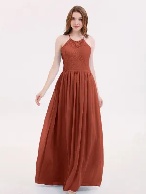 Illusion Neck Lace and Chiffon Maxi Gowns-Rust