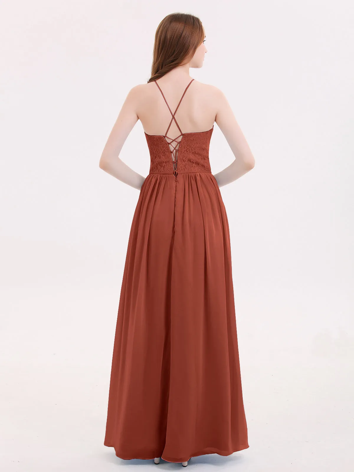 Illusion Neck Lace and Chiffon Maxi Gowns-Rust