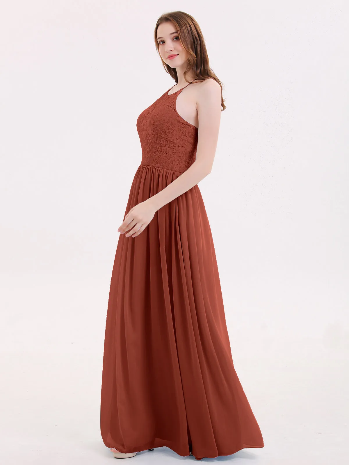 Illusion Neck Lace and Chiffon Maxi Gowns-Rust