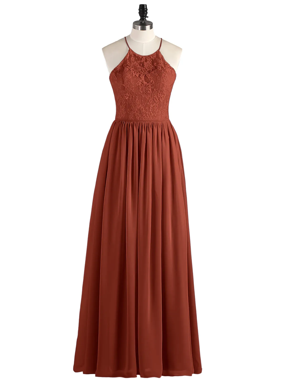 Illusion Neck Lace and Chiffon Maxi Gowns-Rust