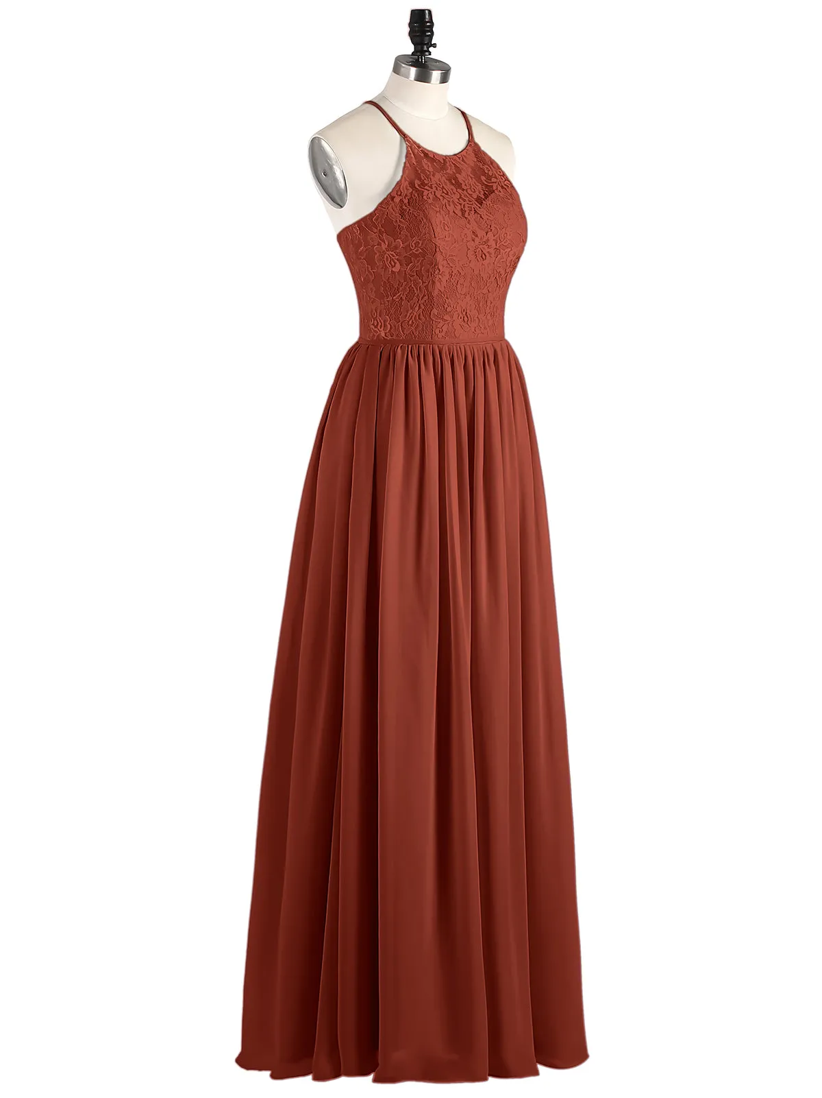 Illusion Neck Lace and Chiffon Maxi Gowns-Rust