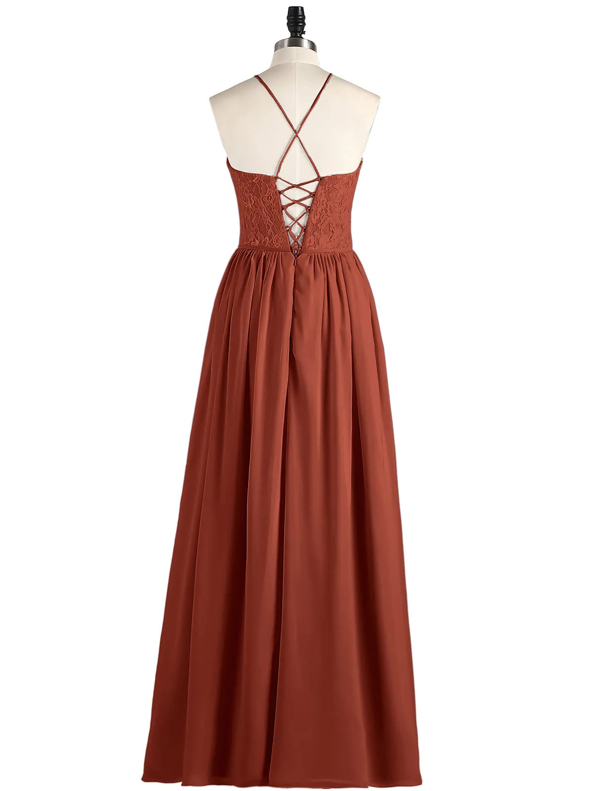 Illusion Neck Lace and Chiffon Maxi Gowns-Rust