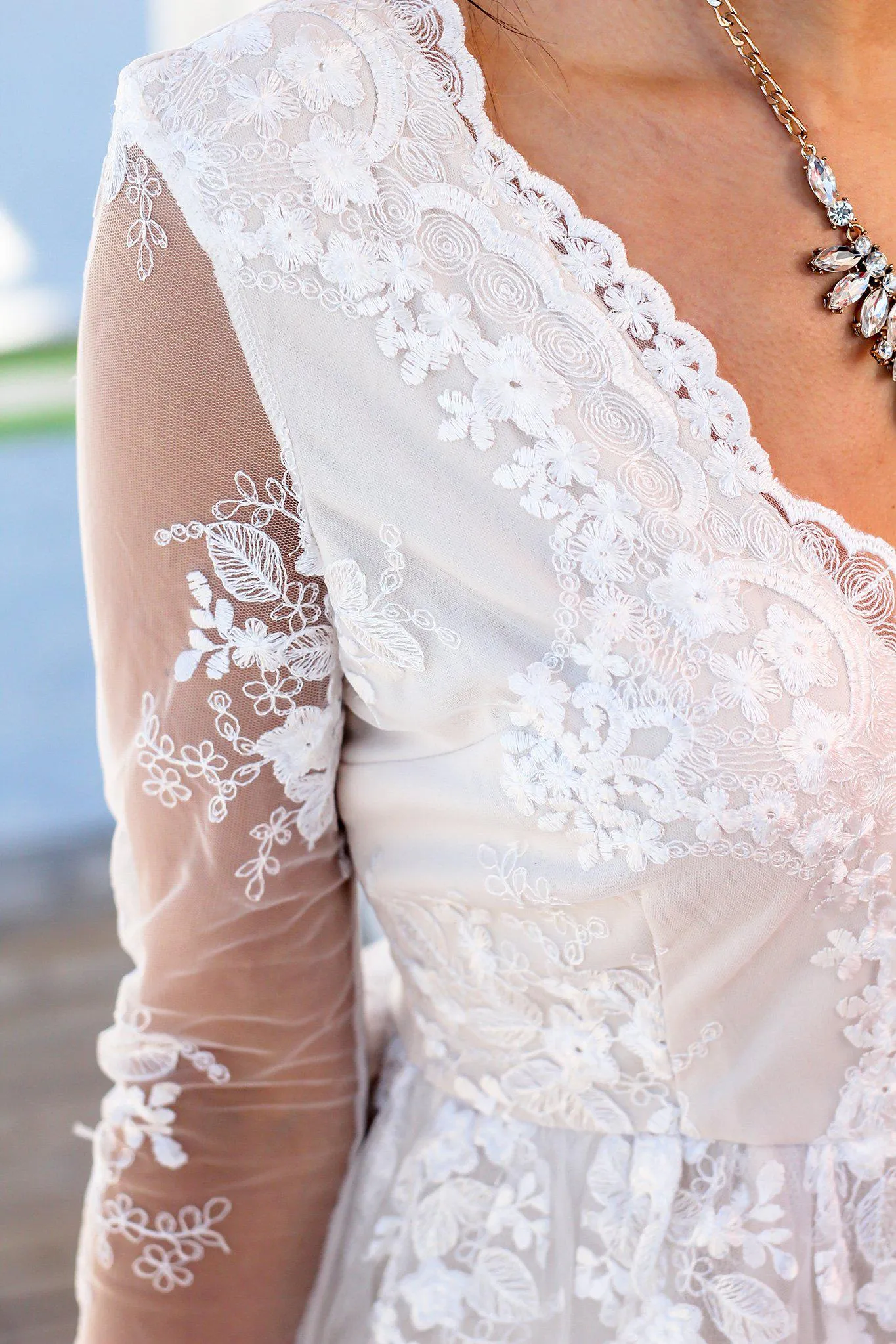 Ivory Short Dress with Mesh Embroidered Sleeves