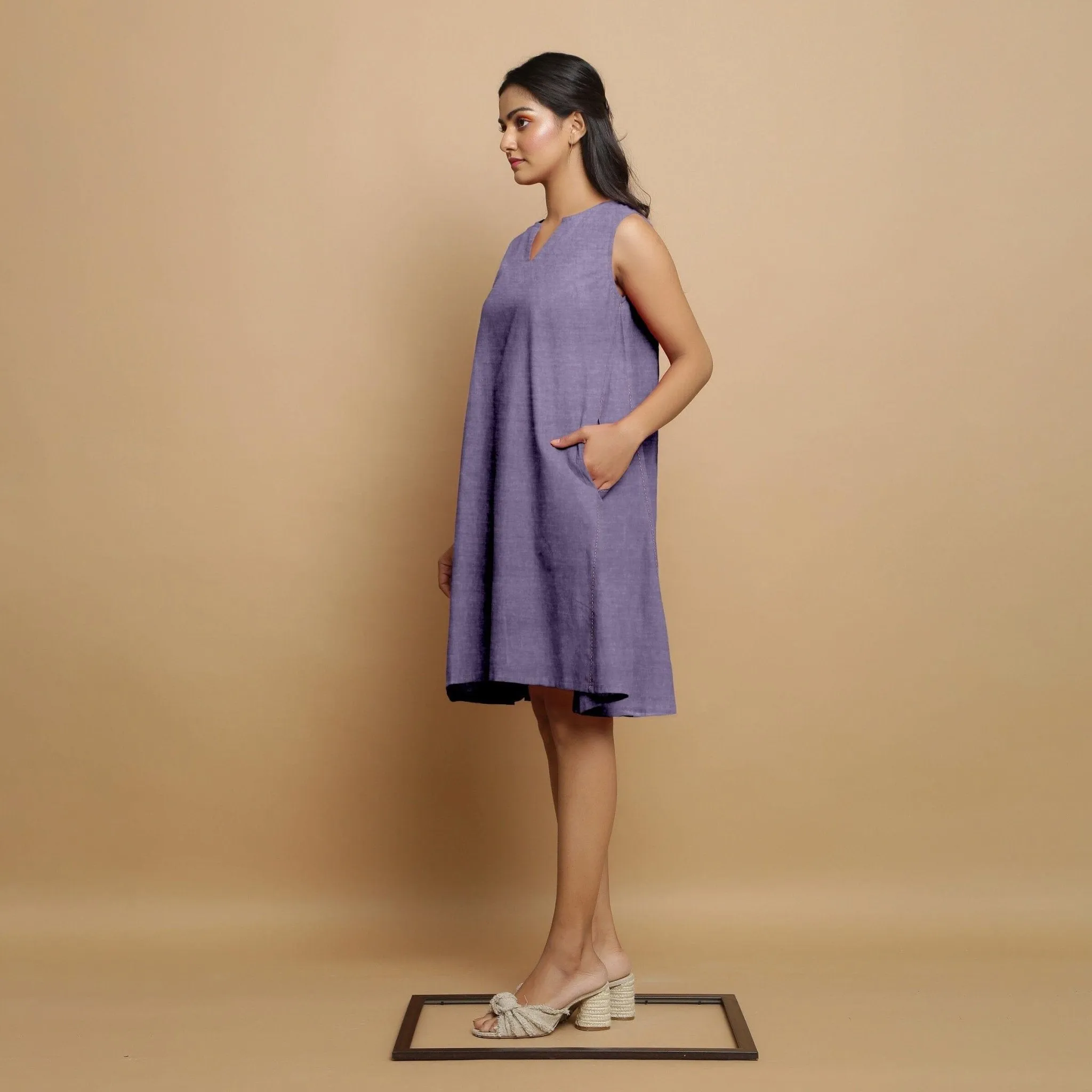Lavender Cotton Linen Hand Embroidered Knee-Length Godet Dress
