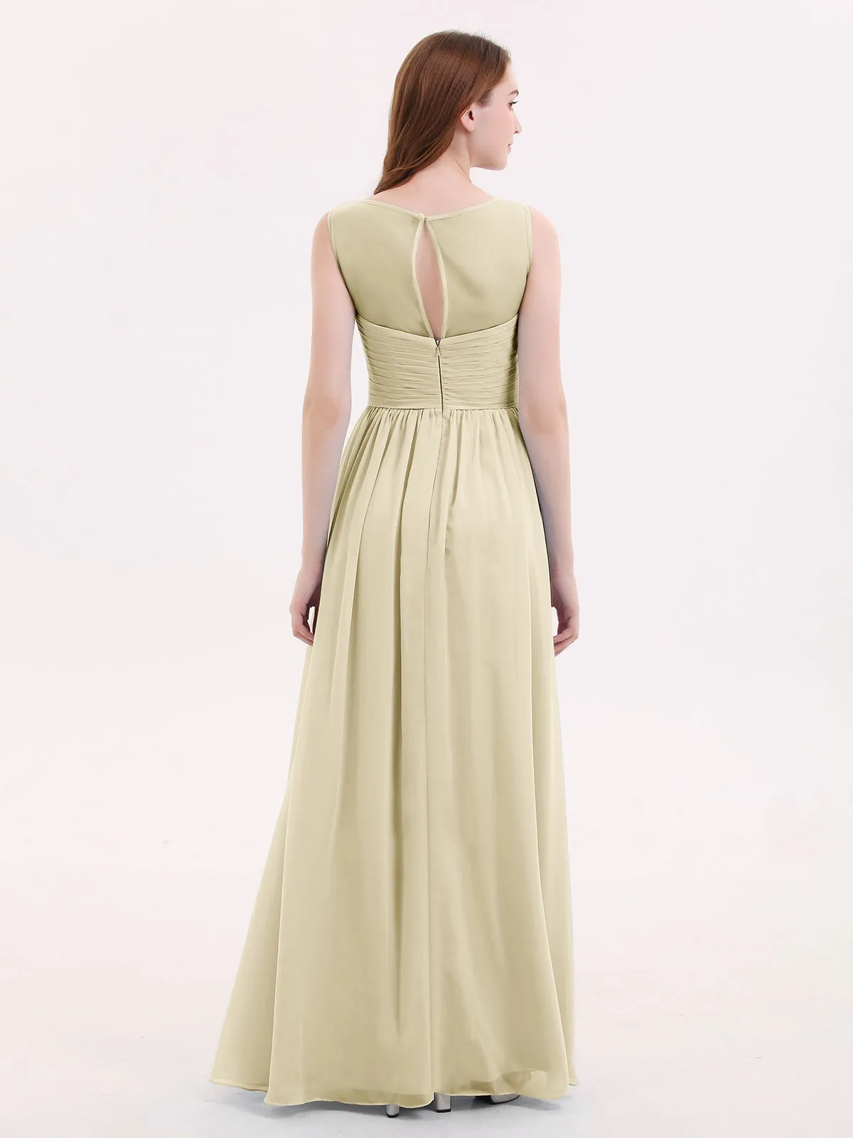 Long Chiffon Gowns with Illusion Neckline-Champagne