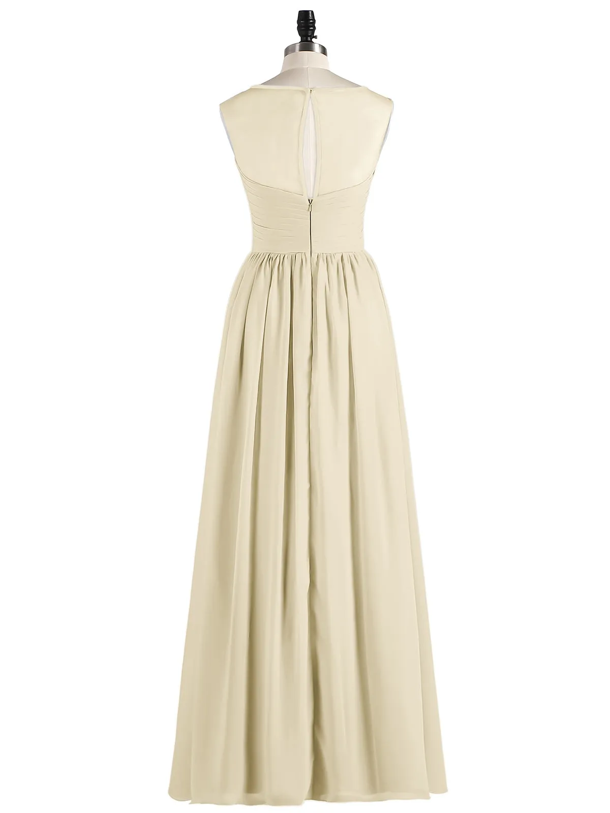 Long Chiffon Gowns with Illusion Neckline-Champagne
