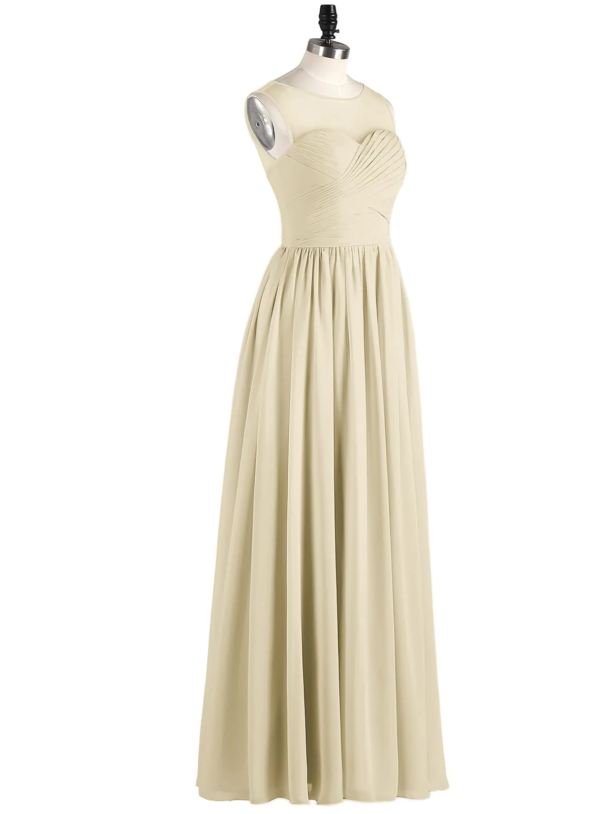 Long Chiffon Gowns with Illusion Neckline-Champagne