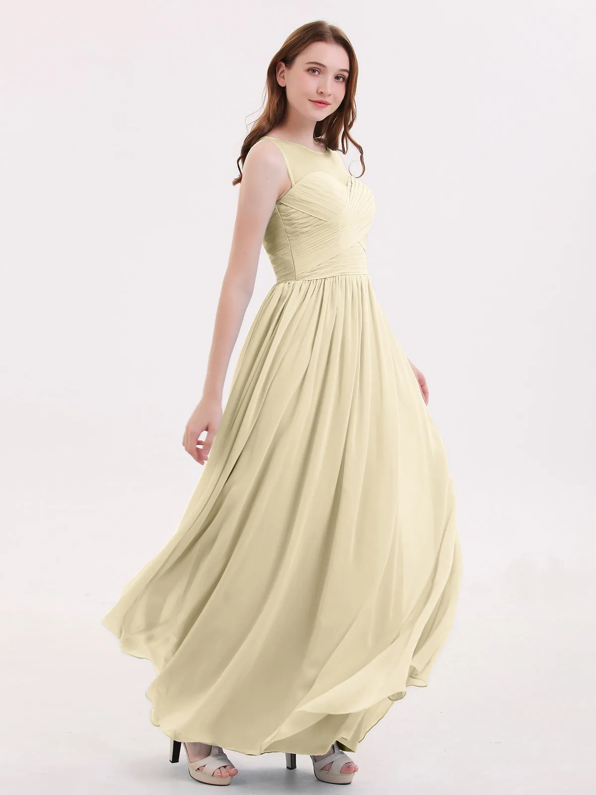 Long Chiffon Gowns with Illusion Neckline-Champagne