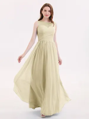 Long Chiffon Gowns with Illusion Neckline-Champagne