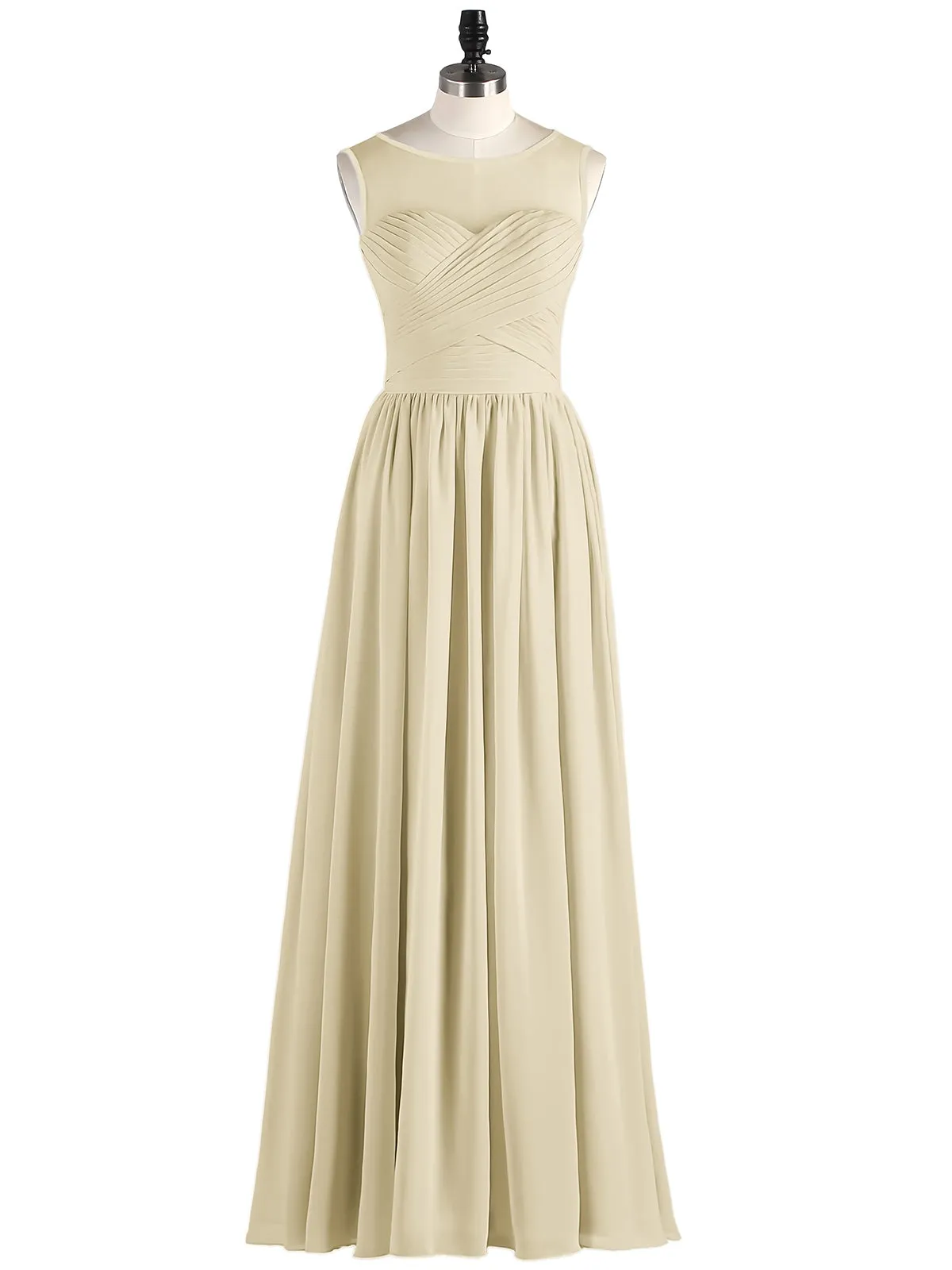 Long Chiffon Gowns with Illusion Neckline-Champagne