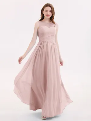 Long Chiffon Gowns with Illusion Neckline-Dusty Rose