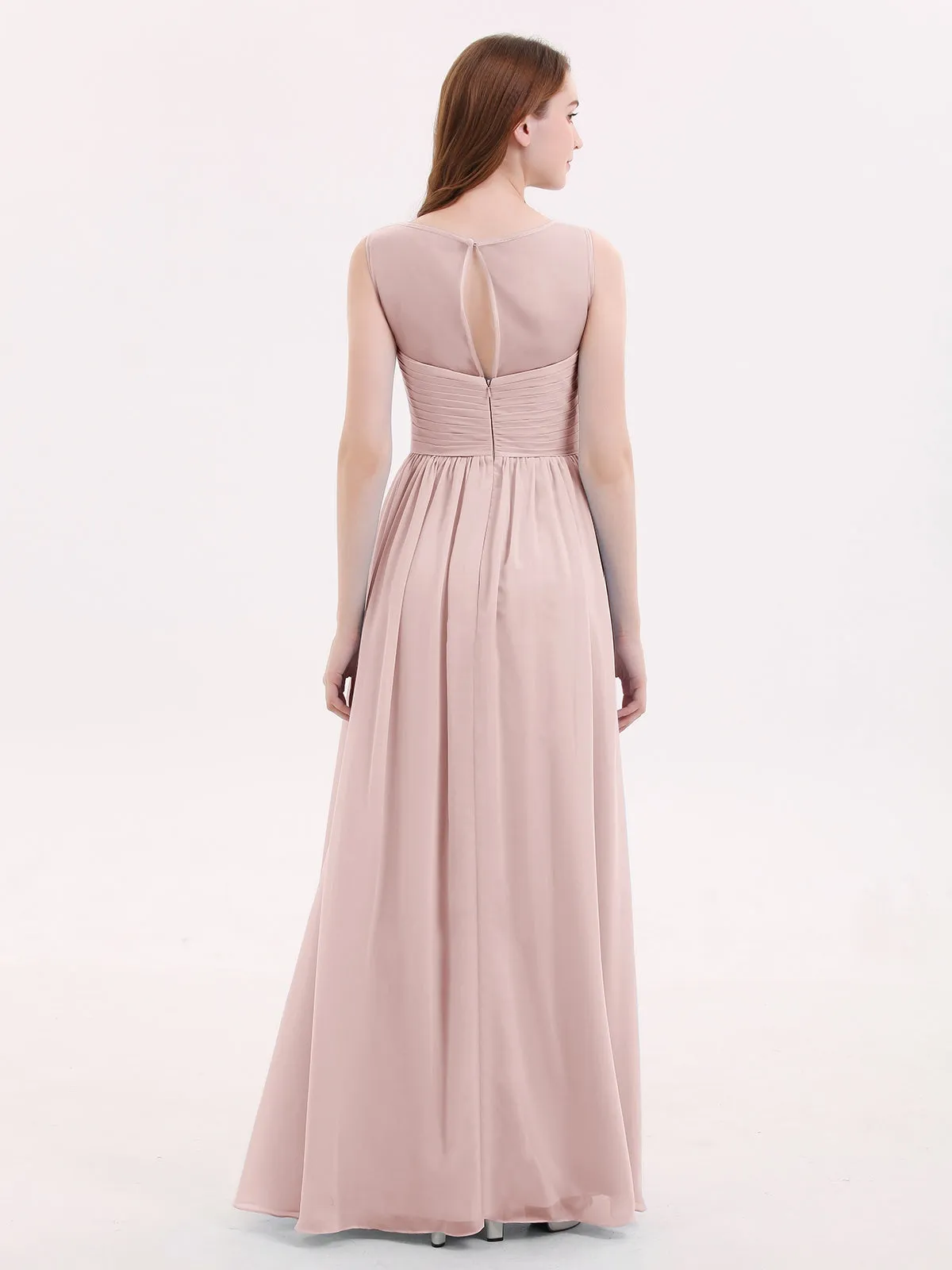 Long Chiffon Gowns with Illusion Neckline-Dusty Rose