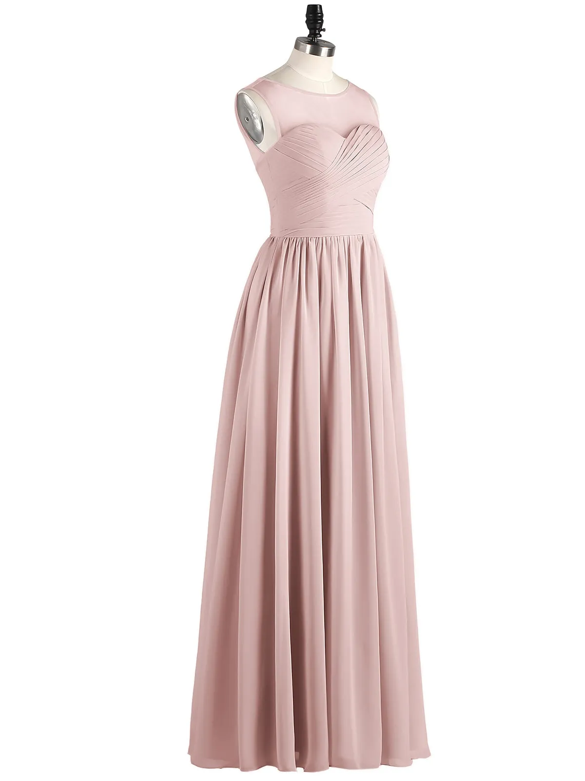 Long Chiffon Gowns with Illusion Neckline-Dusty Rose