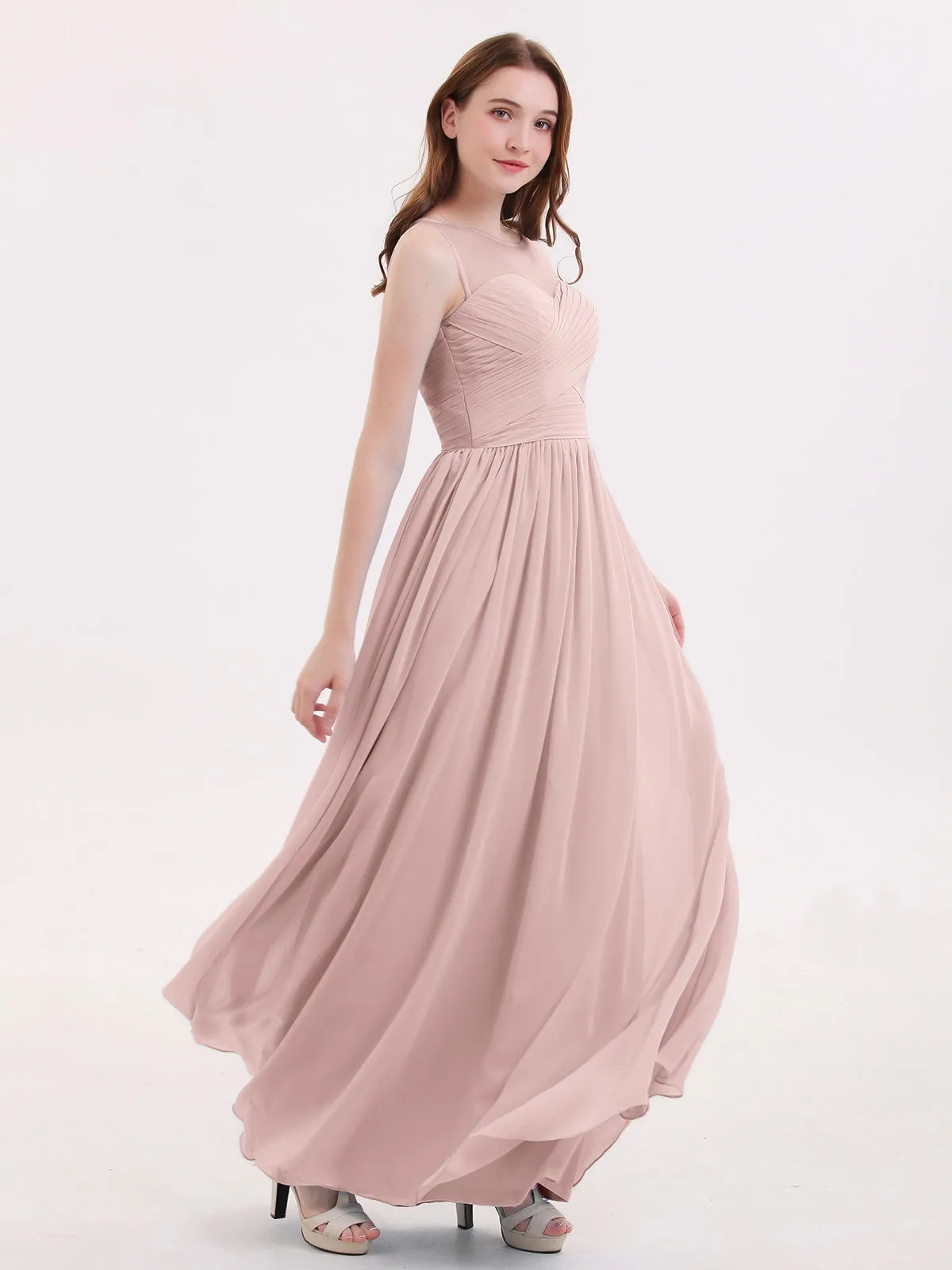 Long Chiffon Gowns with Illusion Neckline-Dusty Rose