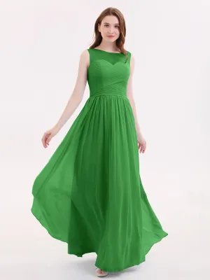 Long Chiffon Gowns with Illusion Neckline-Green