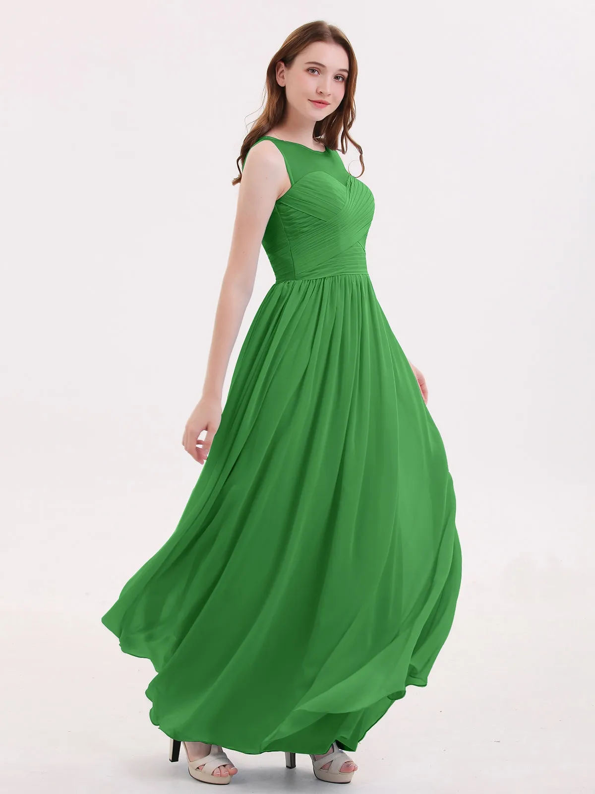 Long Chiffon Gowns with Illusion Neckline-Green