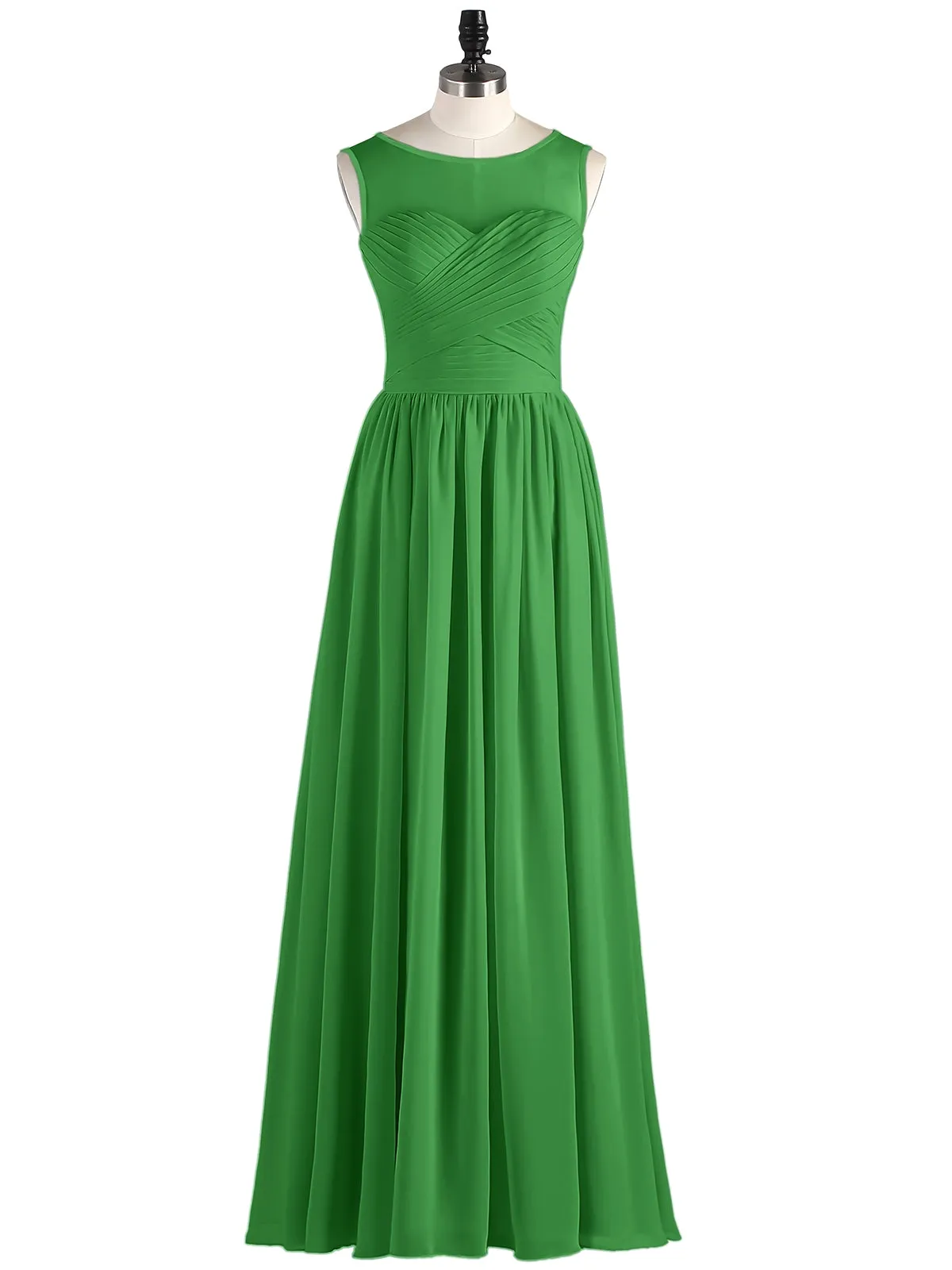 Long Chiffon Gowns with Illusion Neckline-Green