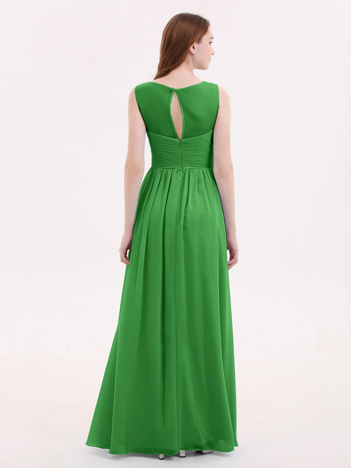 Long Chiffon Gowns with Illusion Neckline-Green