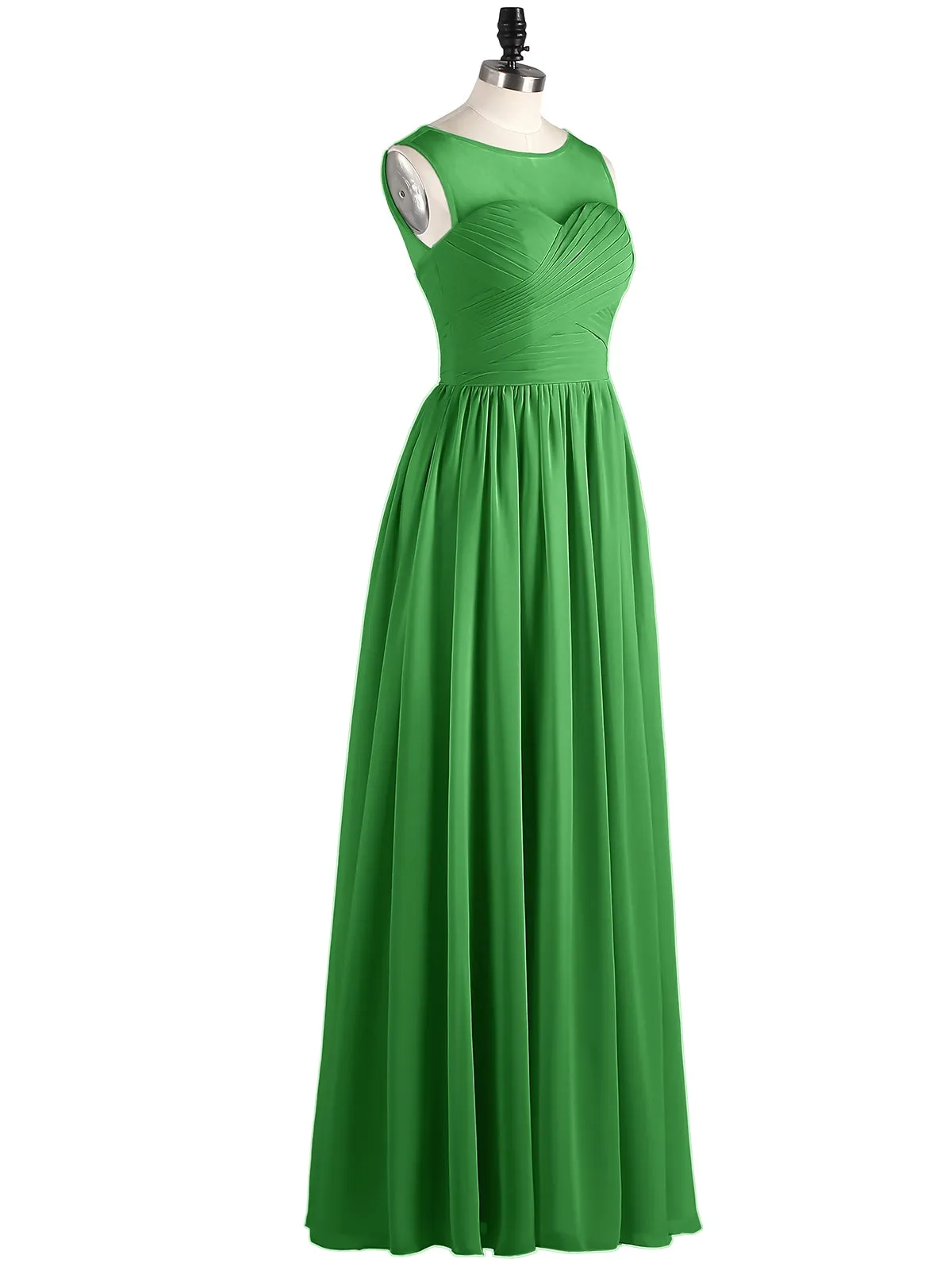 Long Chiffon Gowns with Illusion Neckline-Green