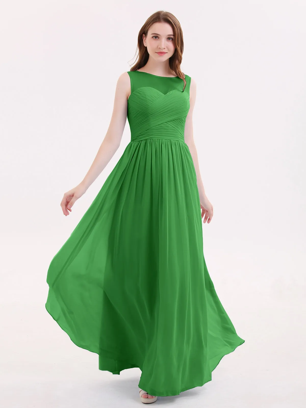Long Chiffon Gowns with Illusion Neckline-Green