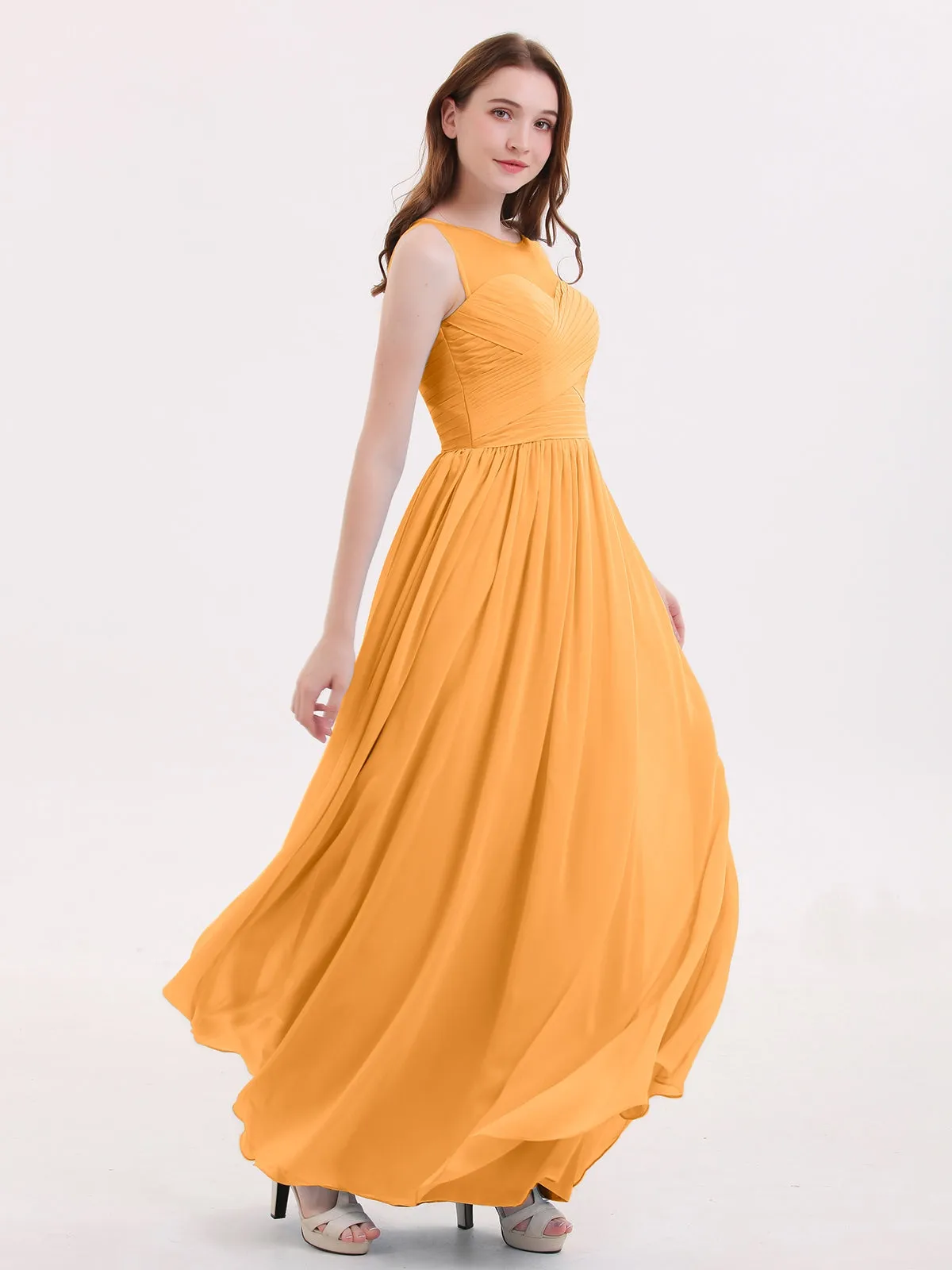 Long Chiffon Gowns with Illusion Neckline-Tangerine