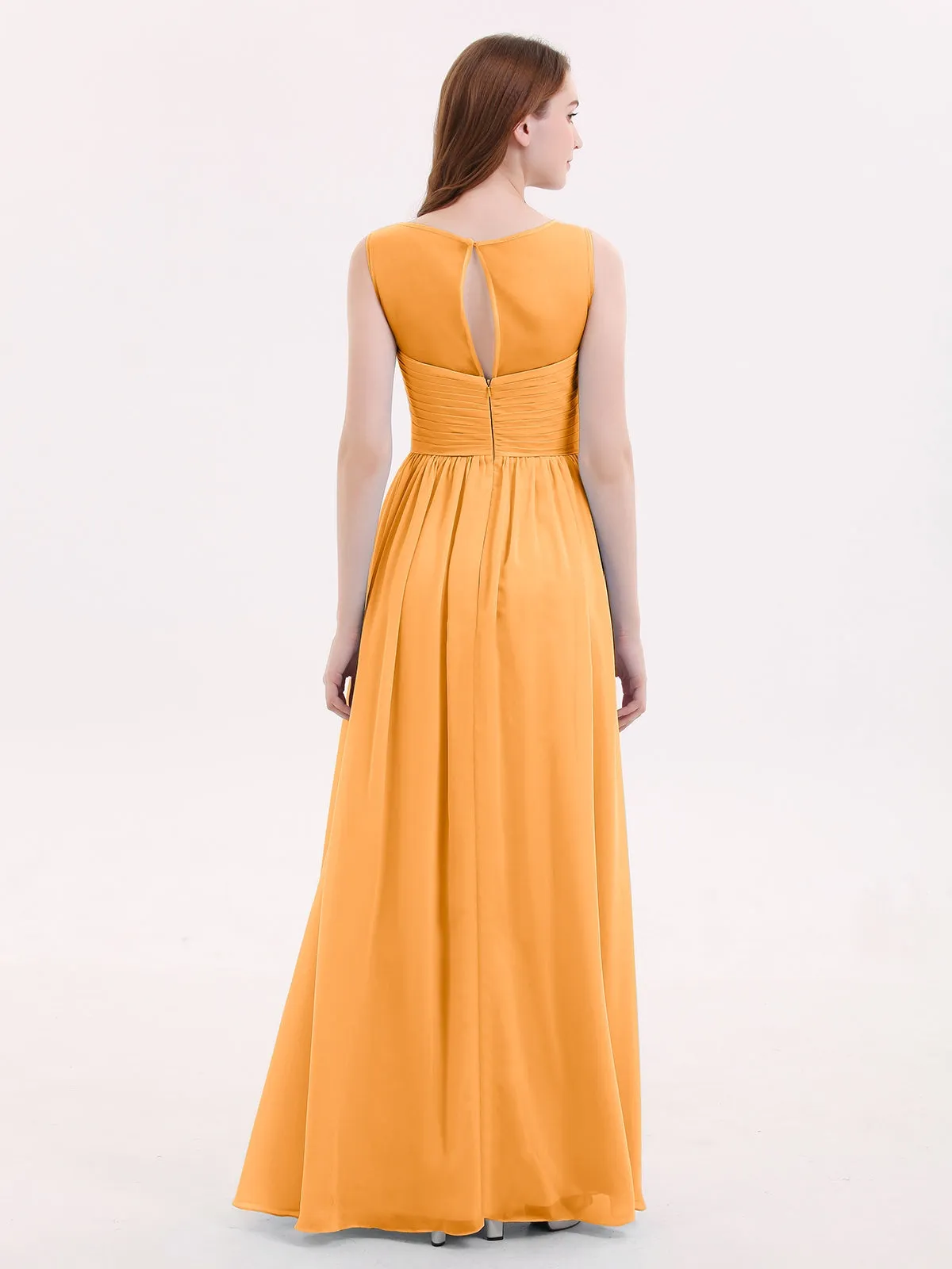 Long Chiffon Gowns with Illusion Neckline-Tangerine