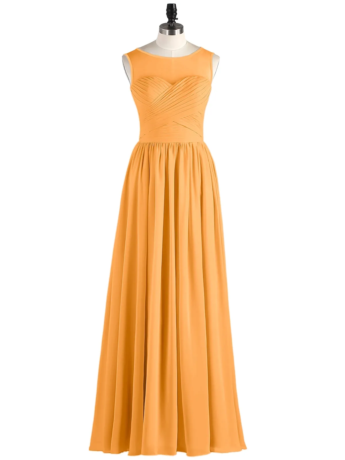 Long Chiffon Gowns with Illusion Neckline-Tangerine
