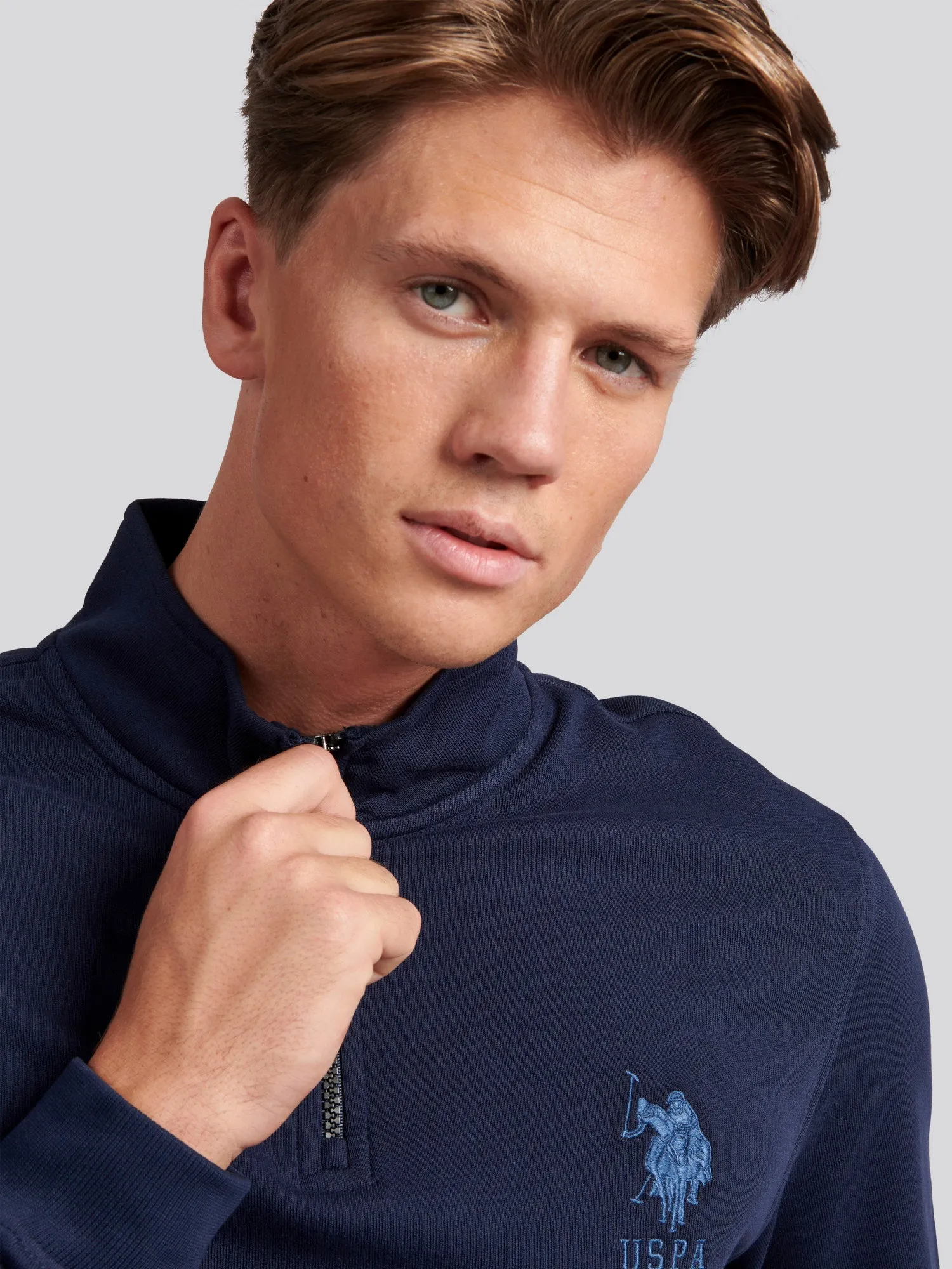 Mens Quarter Zip Funnel Neck Sweatshirt in Navy Blue