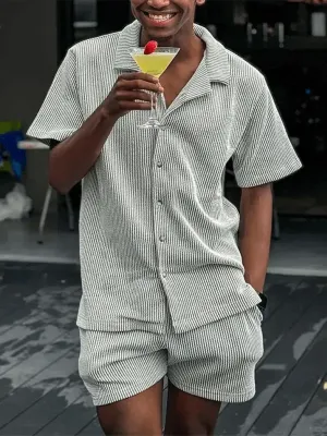 Men’s Short Sleeve Striped Shorts Set