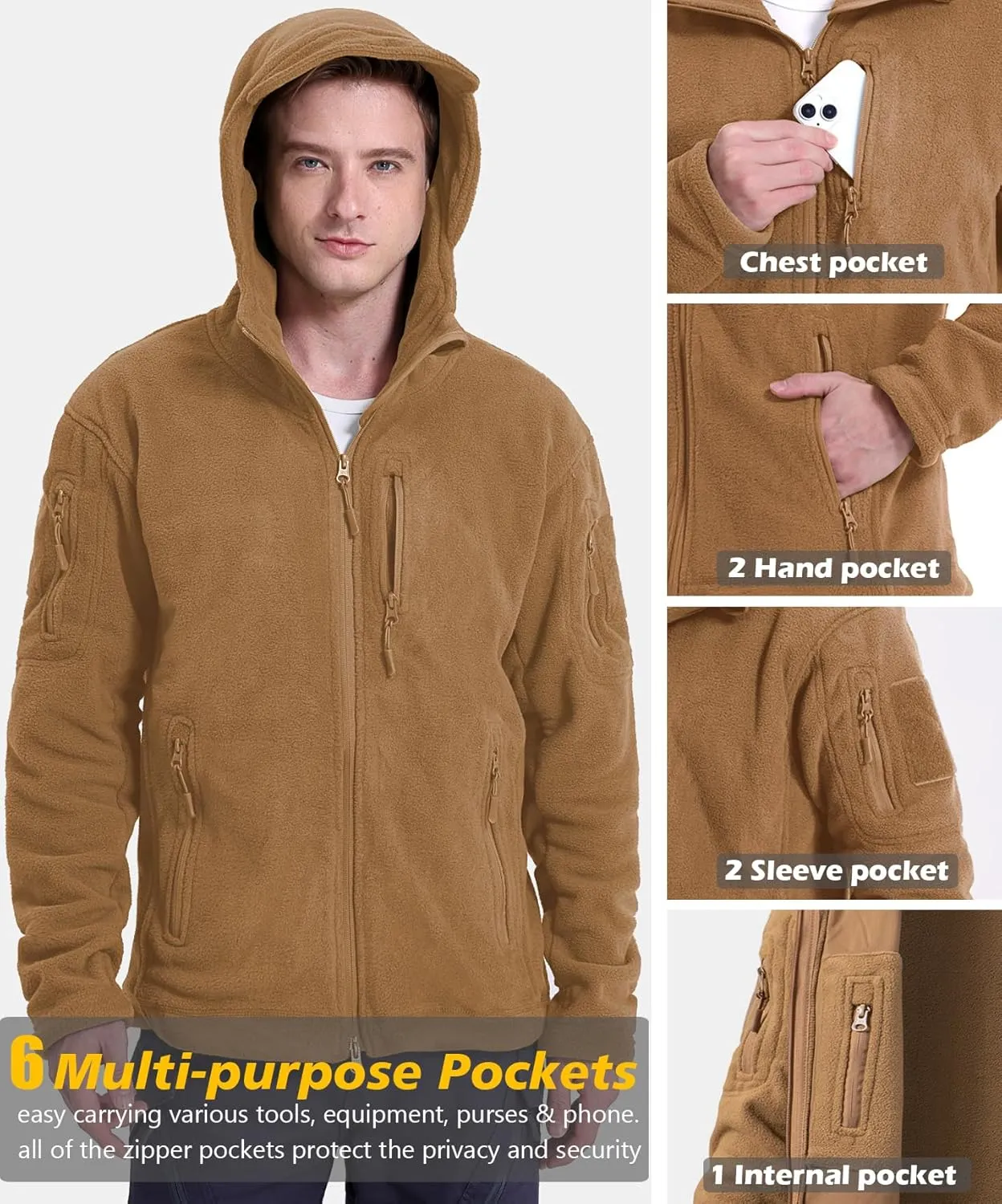 Men's Tactical Fleece Jacket Winter Warm Full Zip Military Hoodies Multi-Pockets