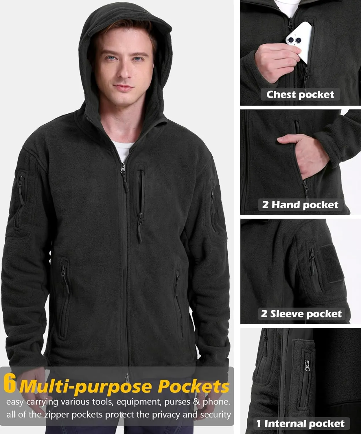 Men's Tactical Fleece Jacket Winter Warm Full Zip Military Hoodies Multi-Pockets