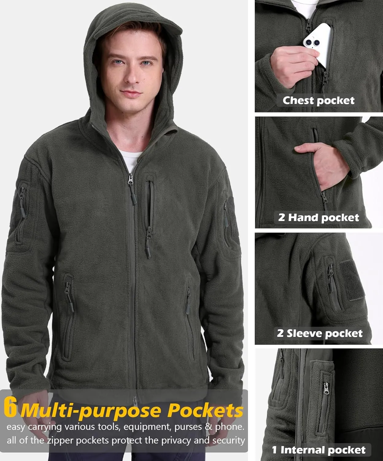 Men's Tactical Fleece Jacket Winter Warm Full Zip Military Hoodies Multi-Pockets