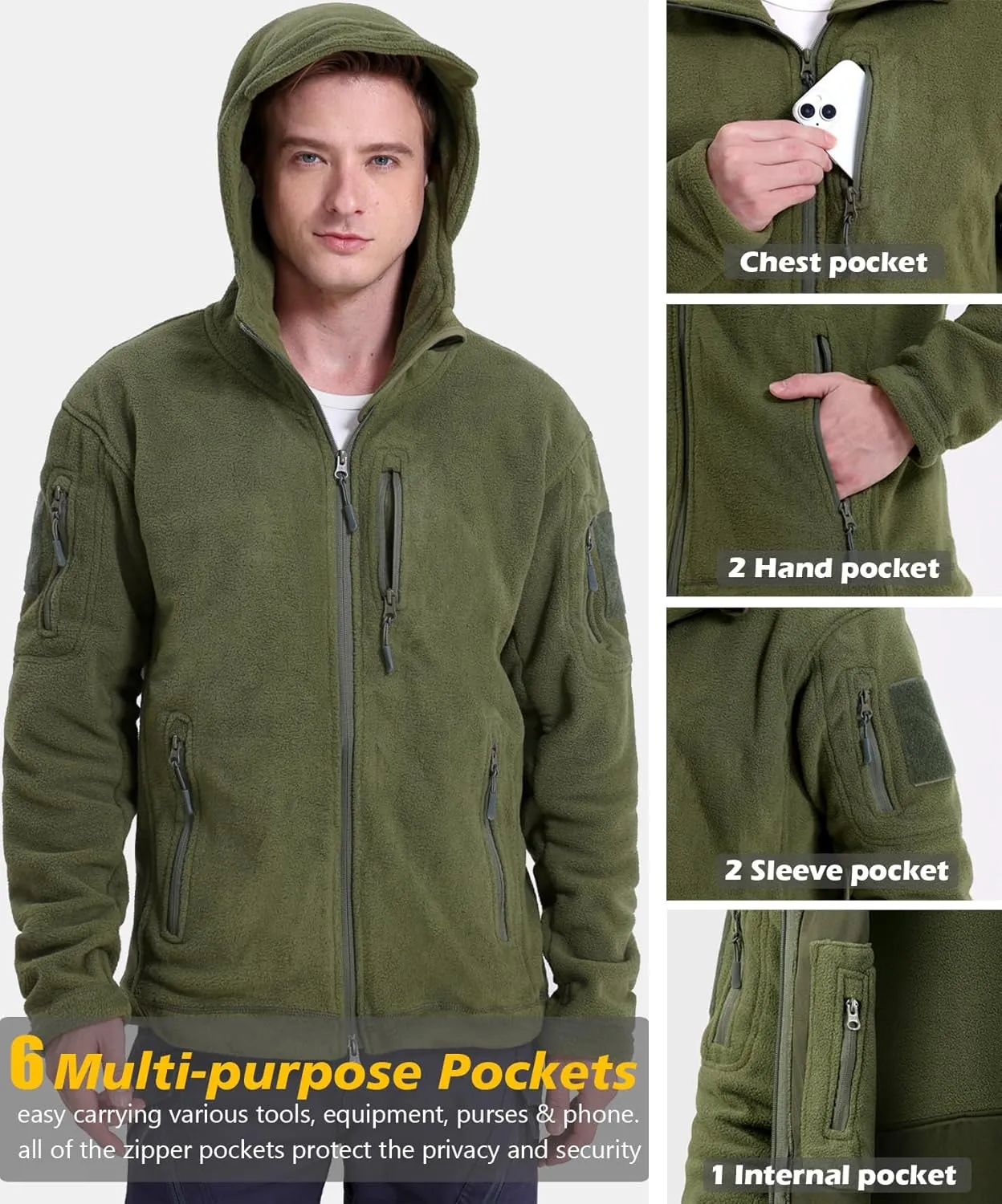 Men's Tactical Fleece Jacket Winter Warm Full Zip Military Hoodies Multi-Pockets