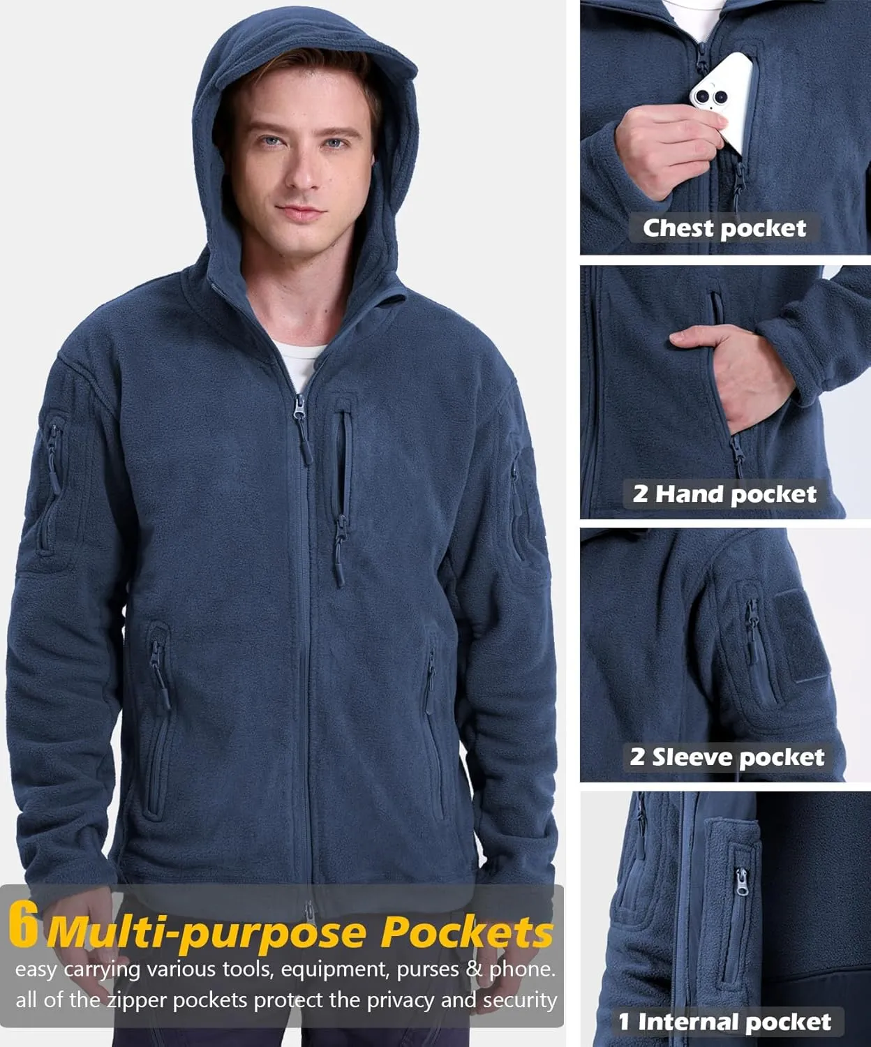 Men's Tactical Fleece Jacket Winter Warm Full Zip Military Hoodies Multi-Pockets