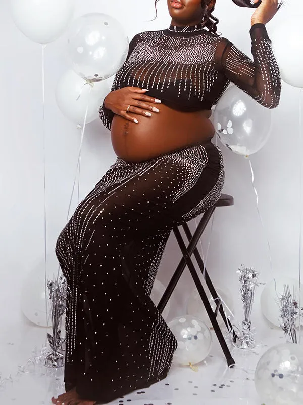 Momnfancy Black Mesh Two Piece Bodycon Diamond Photoshoot Plus Size Elegant Maternity Maxi Dress