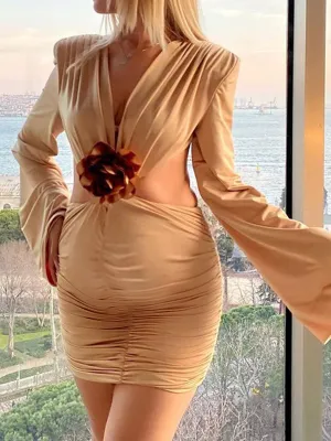 Momnfancy Chic Flowers Backless Ruffle Bare Waist Cutout Bodycon Flare Sleeve Babyshower Maternity Party Mini Dress