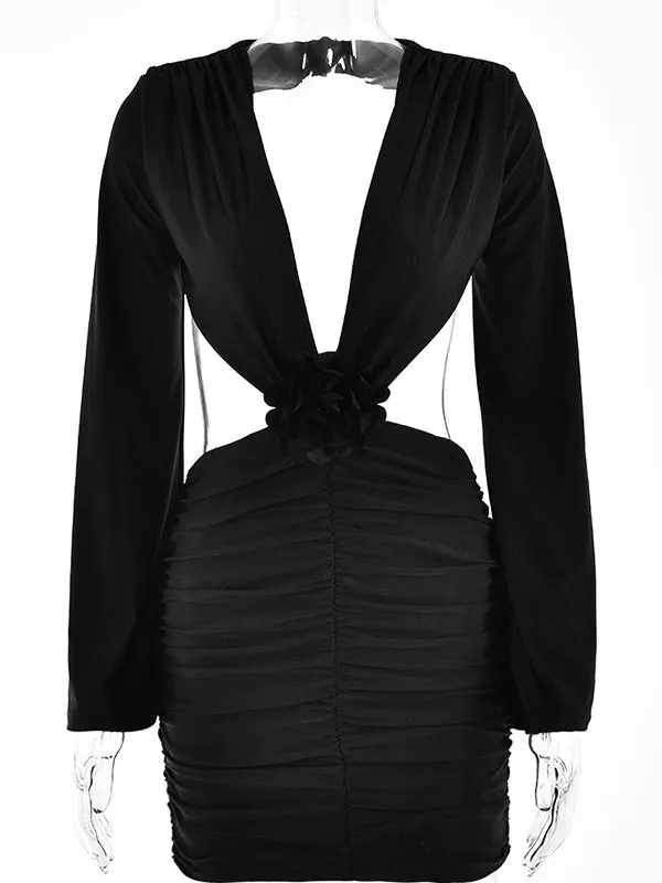 Momnfancy Chic Flowers Backless Ruffle Bare Waist Cutout Bodycon Flare Sleeve Babyshower Maternity Party Mini Dress
