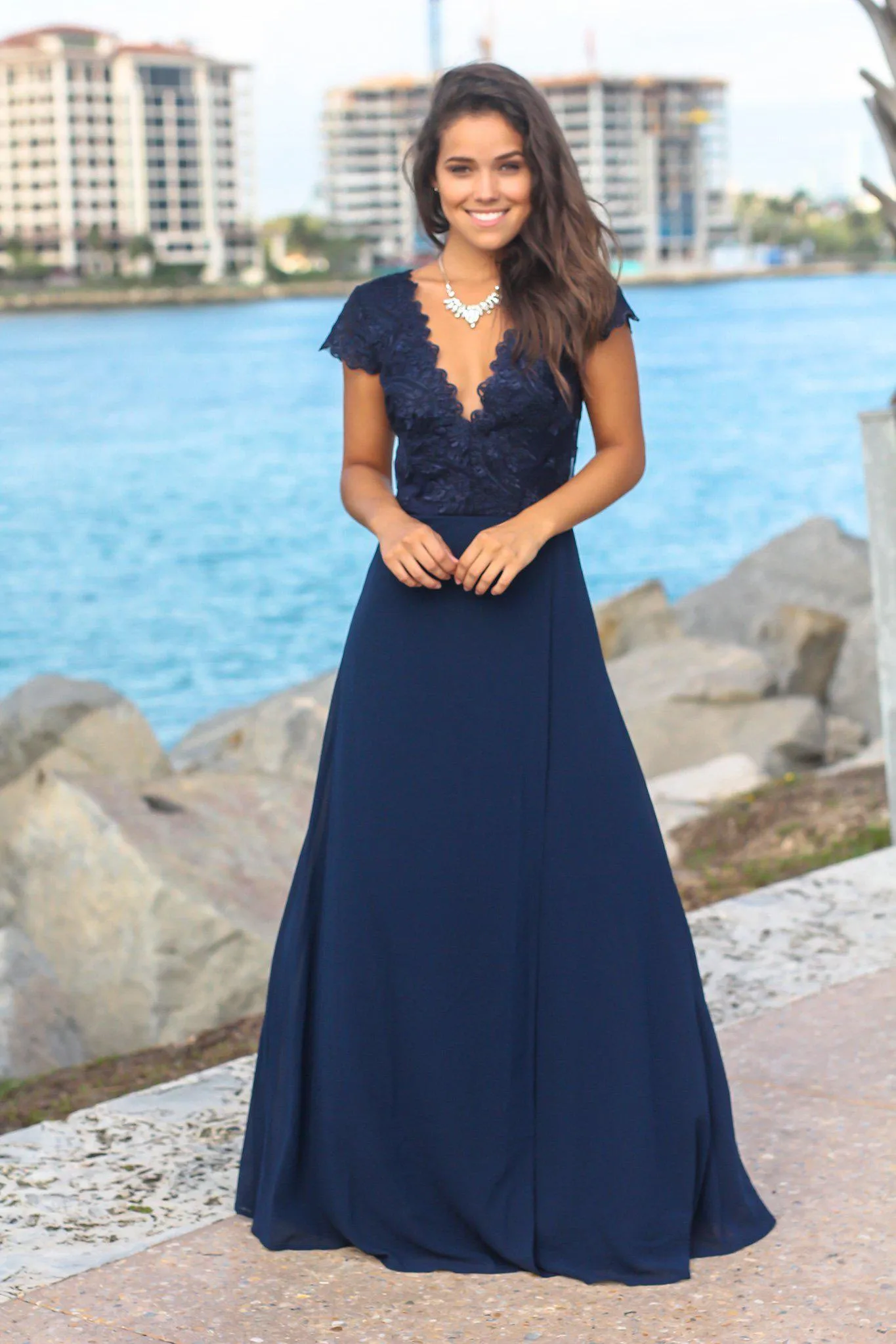 Navy Short Sleeve Maxi Dress with Embroidered Top and Slit