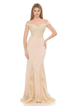 Nude Off-Shoulder Embroidered Crepe Godet Formal Dress