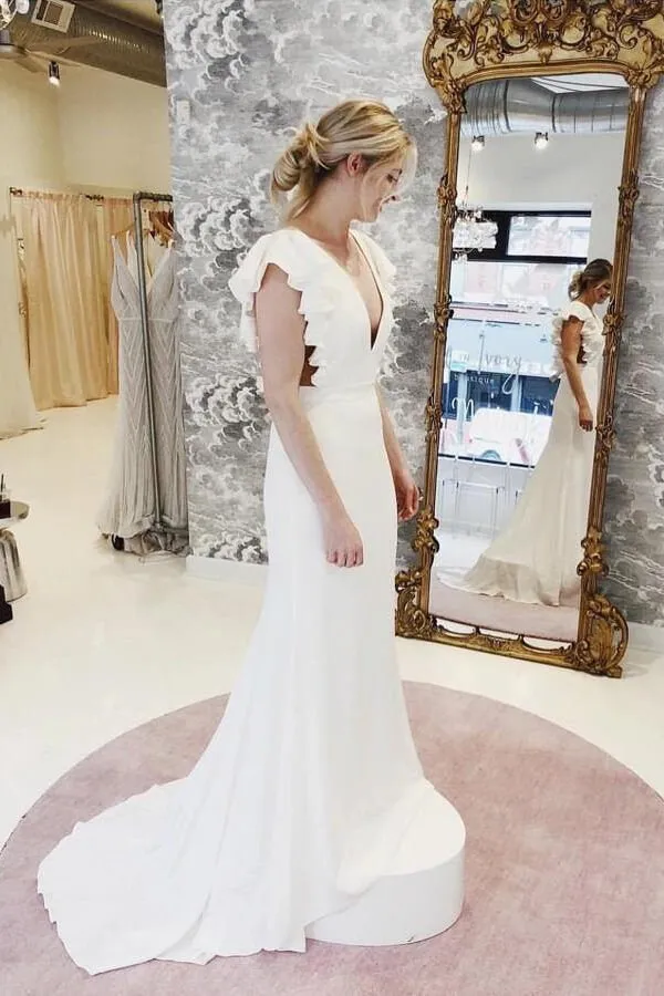 NumberSea Mermaid Cap Sleeves V-neck Wedding Dresses with Ruffles, Bridal Gown, MW614