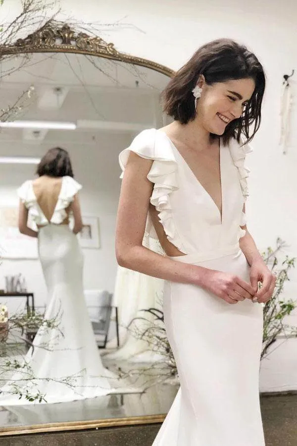 NumberSea Mermaid Cap Sleeves V-neck Wedding Dresses with Ruffles, Bridal Gown, MW614