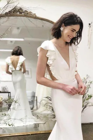 NumberSea Mermaid Cap Sleeves V-neck Wedding Dresses with Ruffles, Bridal Gown, MW614