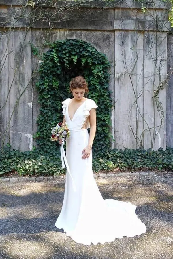 NumberSea Mermaid Cap Sleeves V-neck Wedding Dresses with Ruffles, Bridal Gown, MW614