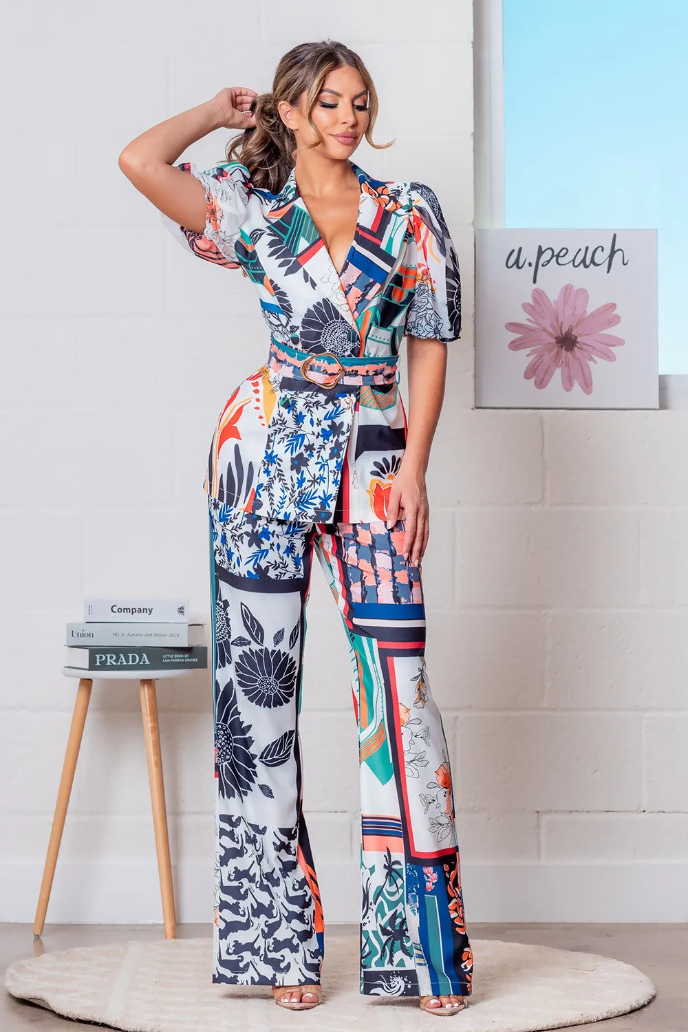 Orange Multi Double Breasted Floral Blazer w/ Pants Set