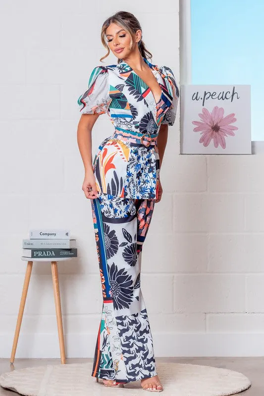 Orange Multi Double Breasted Floral Blazer w/ Pants Set