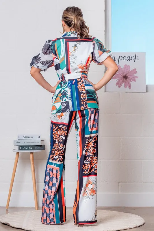 Orange Multi Double Breasted Floral Blazer w/ Pants Set