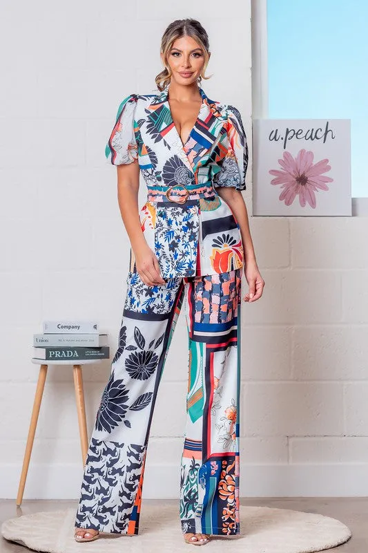 Orange Multi Double Breasted Floral Blazer w/ Pants Set
